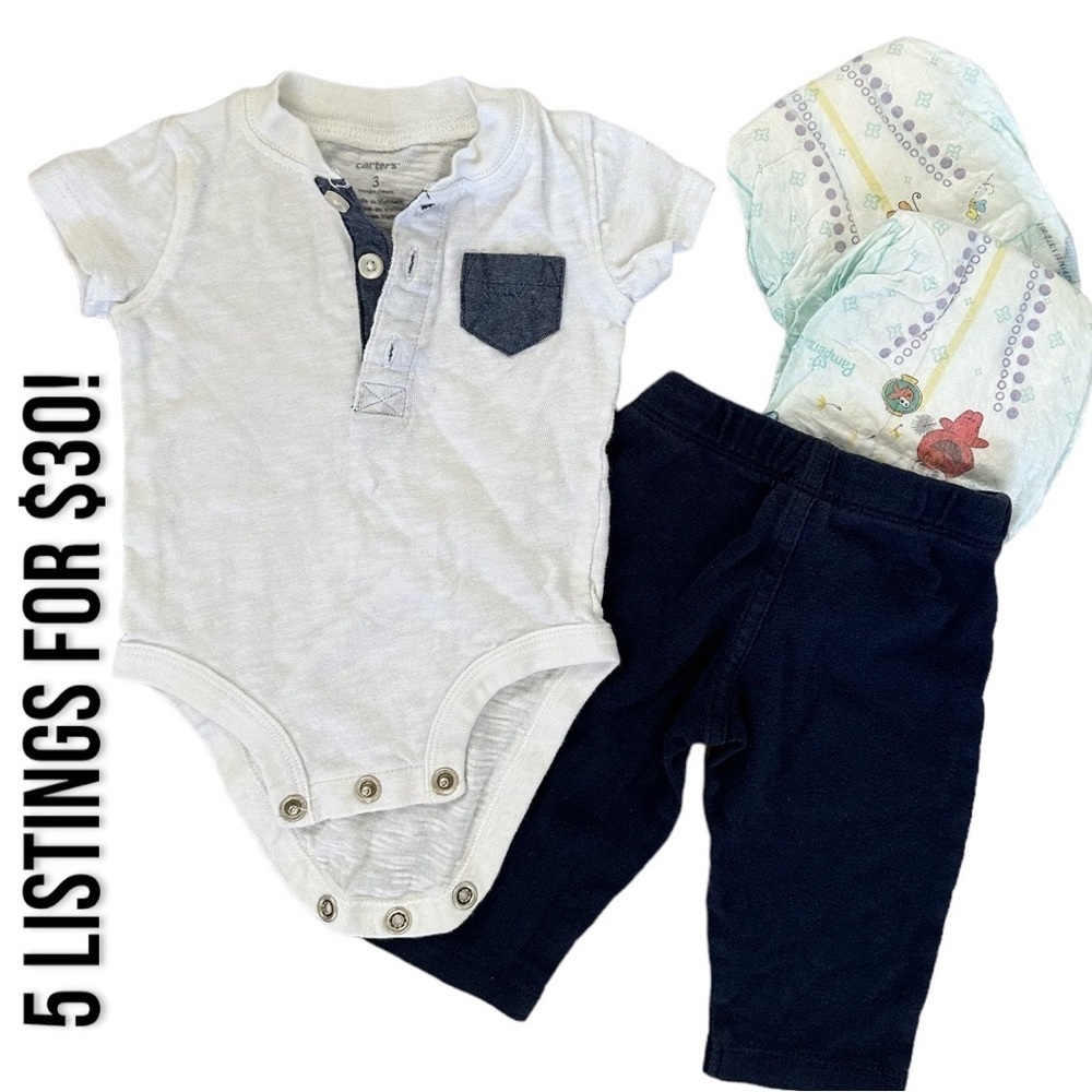 Carters 3 month baby boy matching outfit set and 2 pamper size 1 diapers